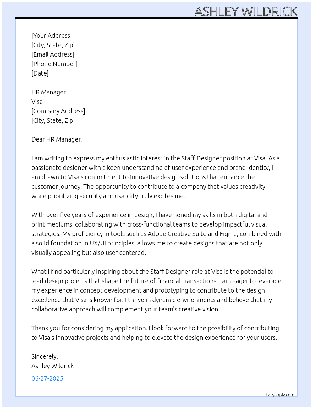 Staff Designer At Visa Cover Letter