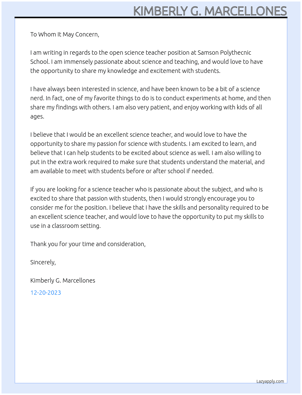 science teacher without experience At Samson Polythecnic School Cover Letter
