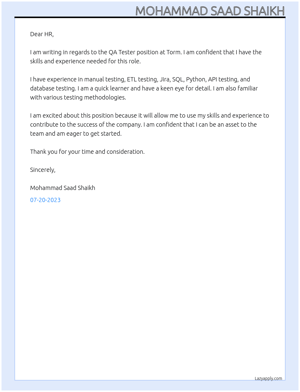  QA Tester At Torm Cover Letter