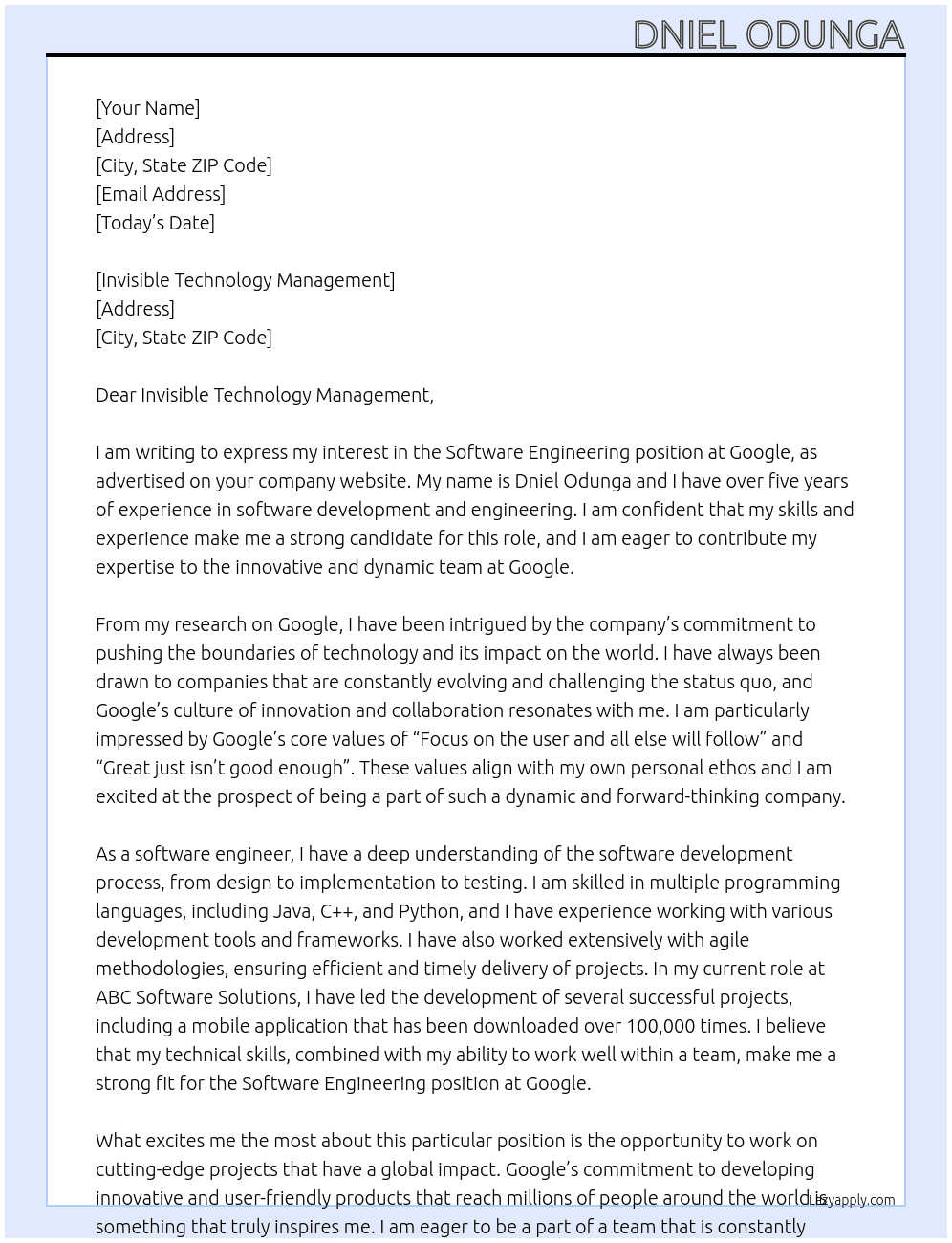 software engineering At google Cover Letter