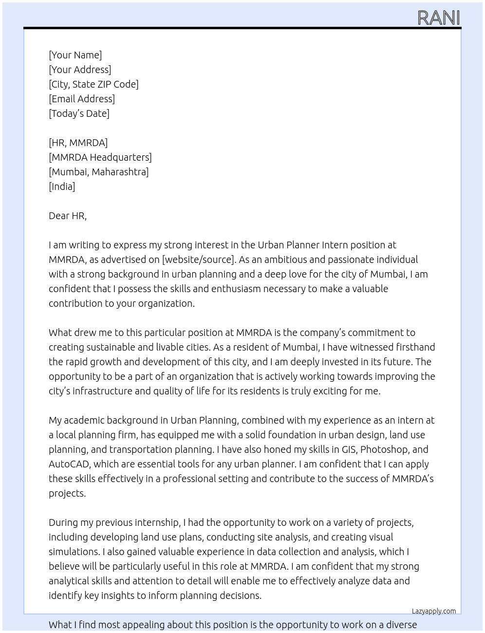 Urban Planner Intern At MMRDA Cover Letter