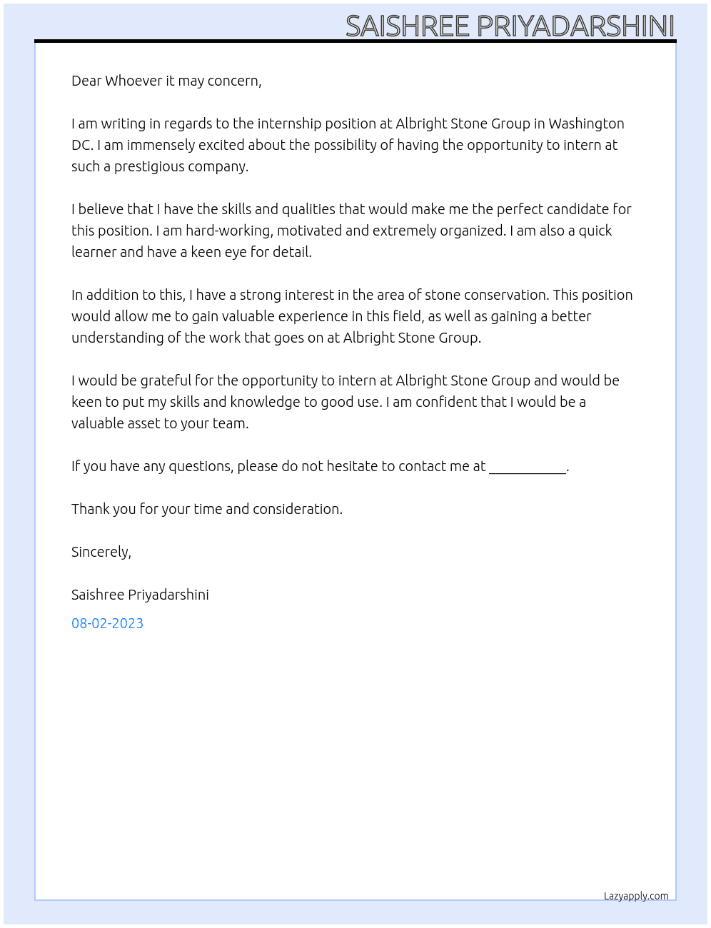Internship  At Albright Stone Group, Washington DC Cover Letter
