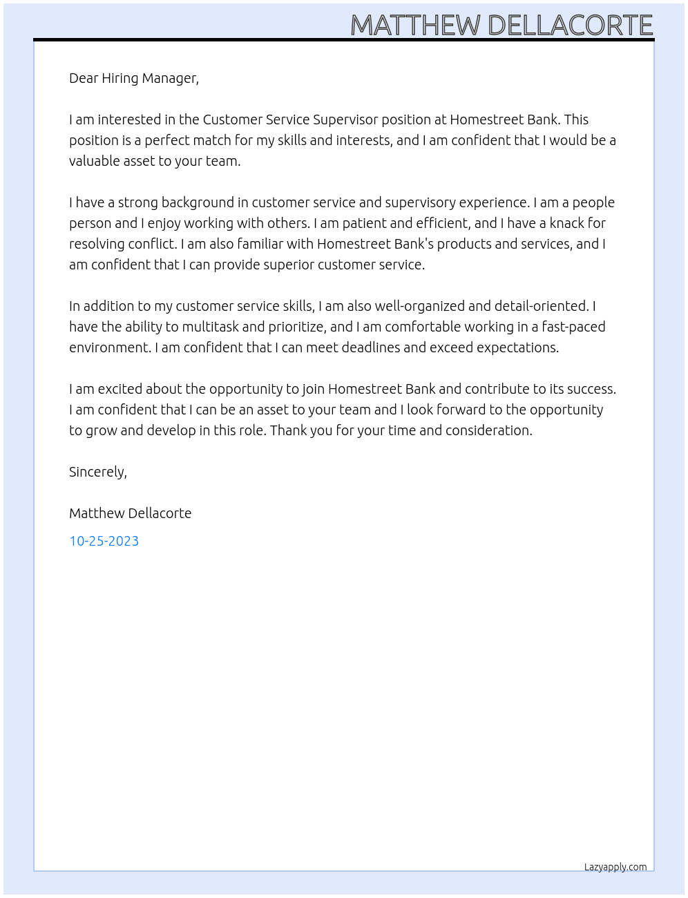 Customer Service Supervisor At Homestreet Bank Cover Letter