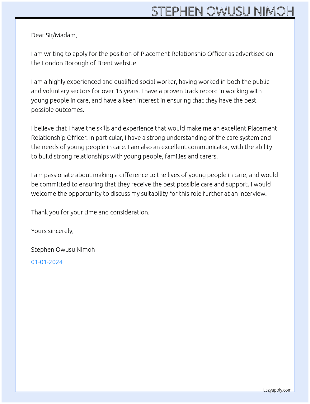 Placement Relationship Officer At London Borough of Brent Cover Letter