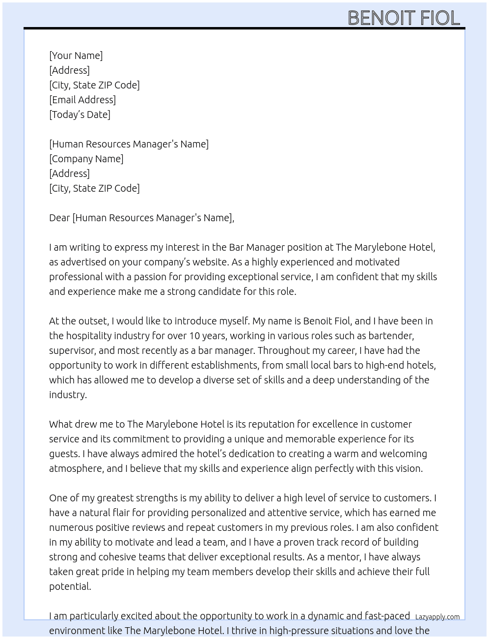 Bar Manager At The Marylebone Hotel  Cover Letter