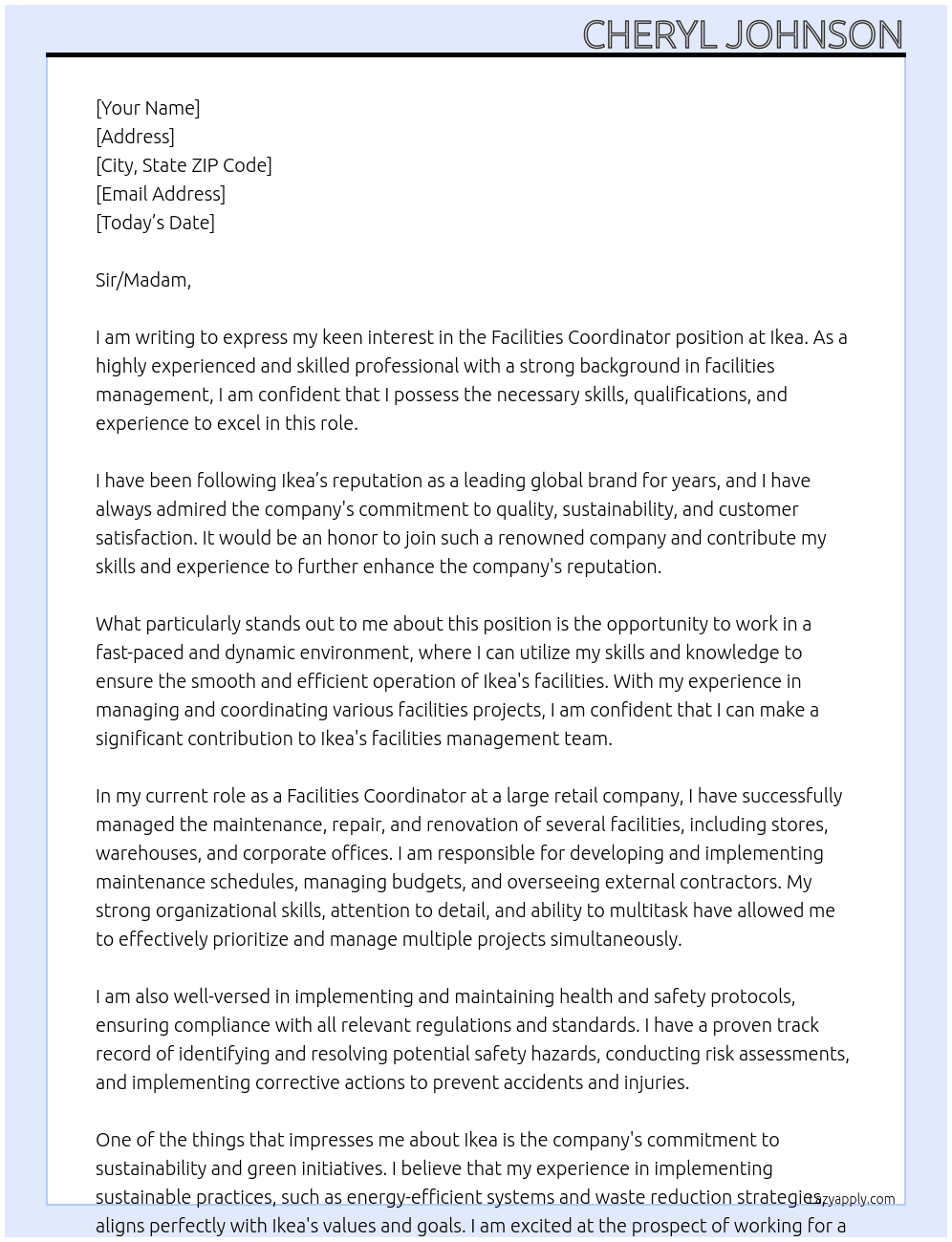 Facilities Coordinator At Ikea Cover Letter