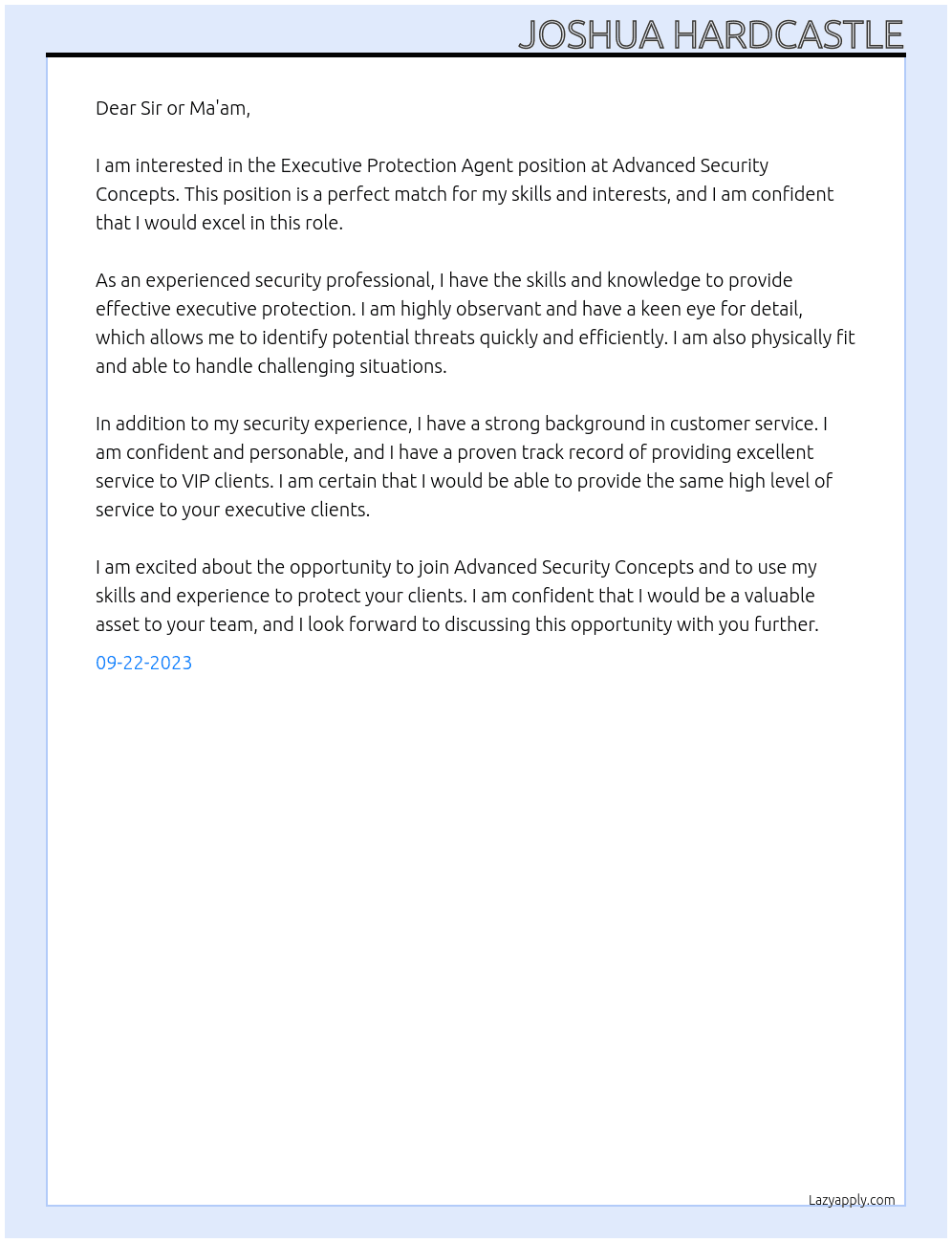 Executive protection agent At Advanced Security Concepts Cover Letter