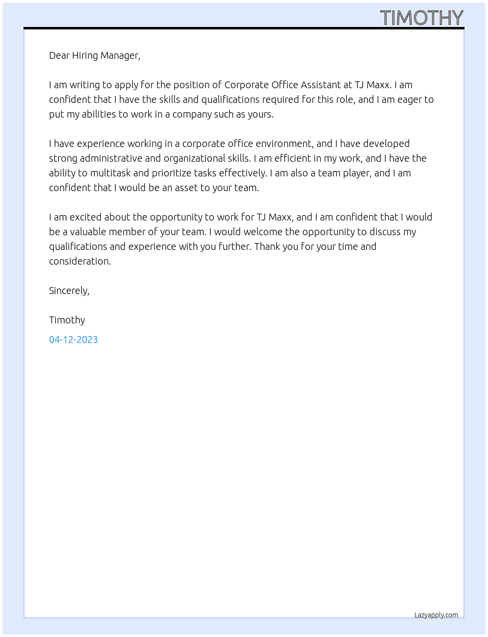 Corporate Office Assistant At TJ Maxx Cover Letter