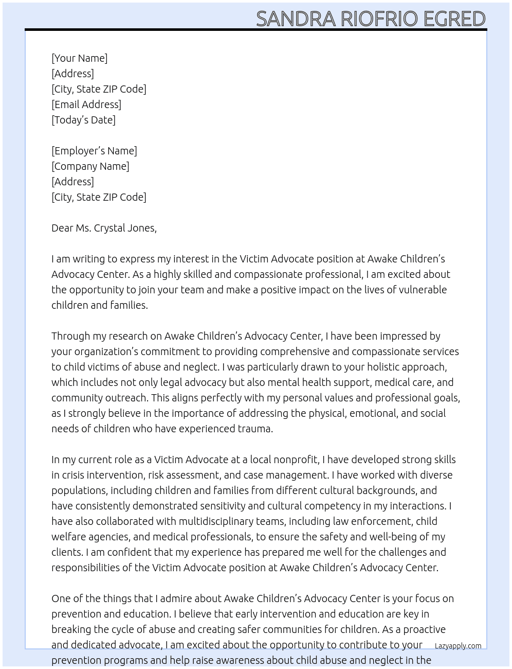 Victim Avocate At Awake Children’s Avocacy Center Cover Letter