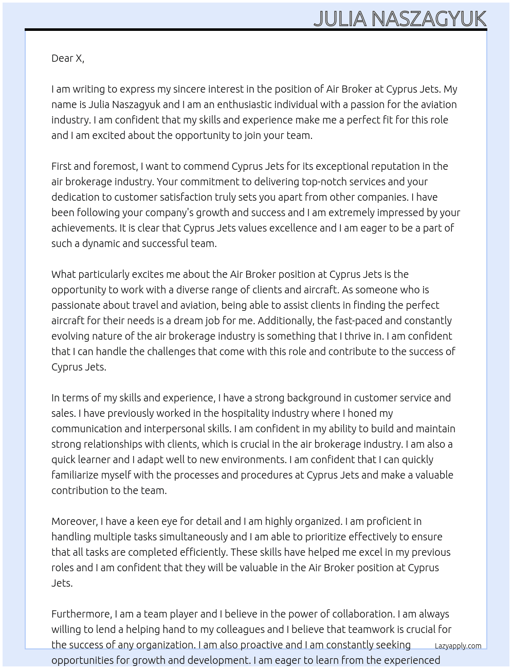 air broker At cyprus jets Cover Letter