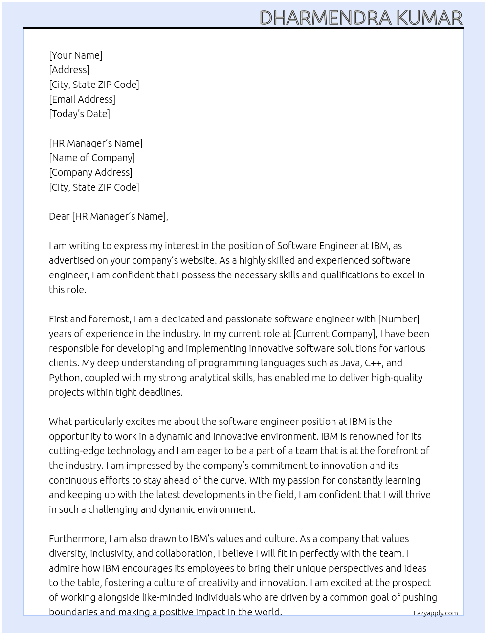 software enginner At ibm Cover Letter