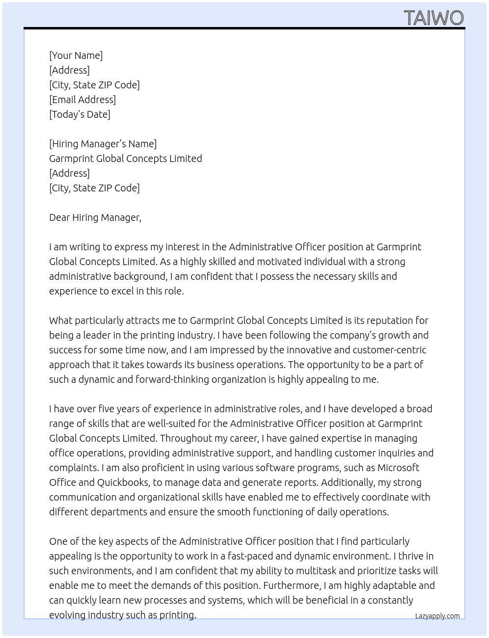 Administrative officer At Garmprint Global Concepts Limited Cover Letter