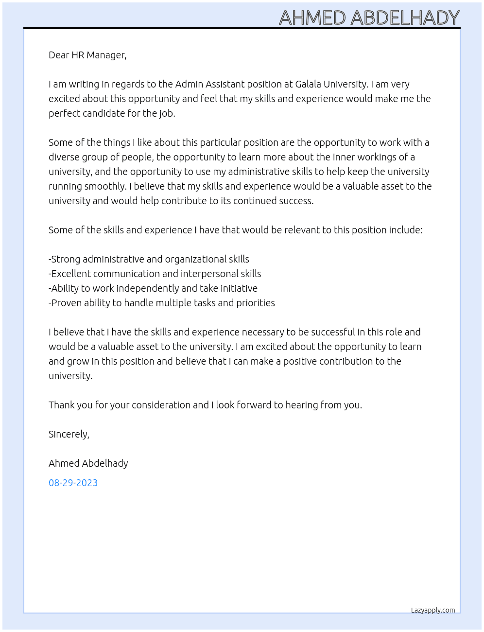Admin Assistant At Galala University Cover Letter