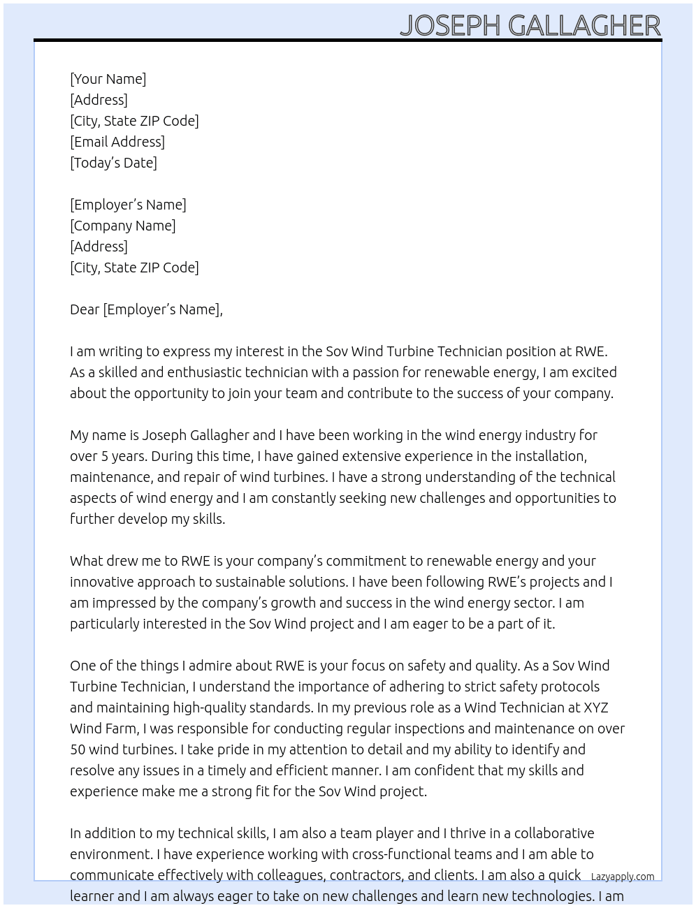 Sov wind turbine technician  At RWE Cover Letter
