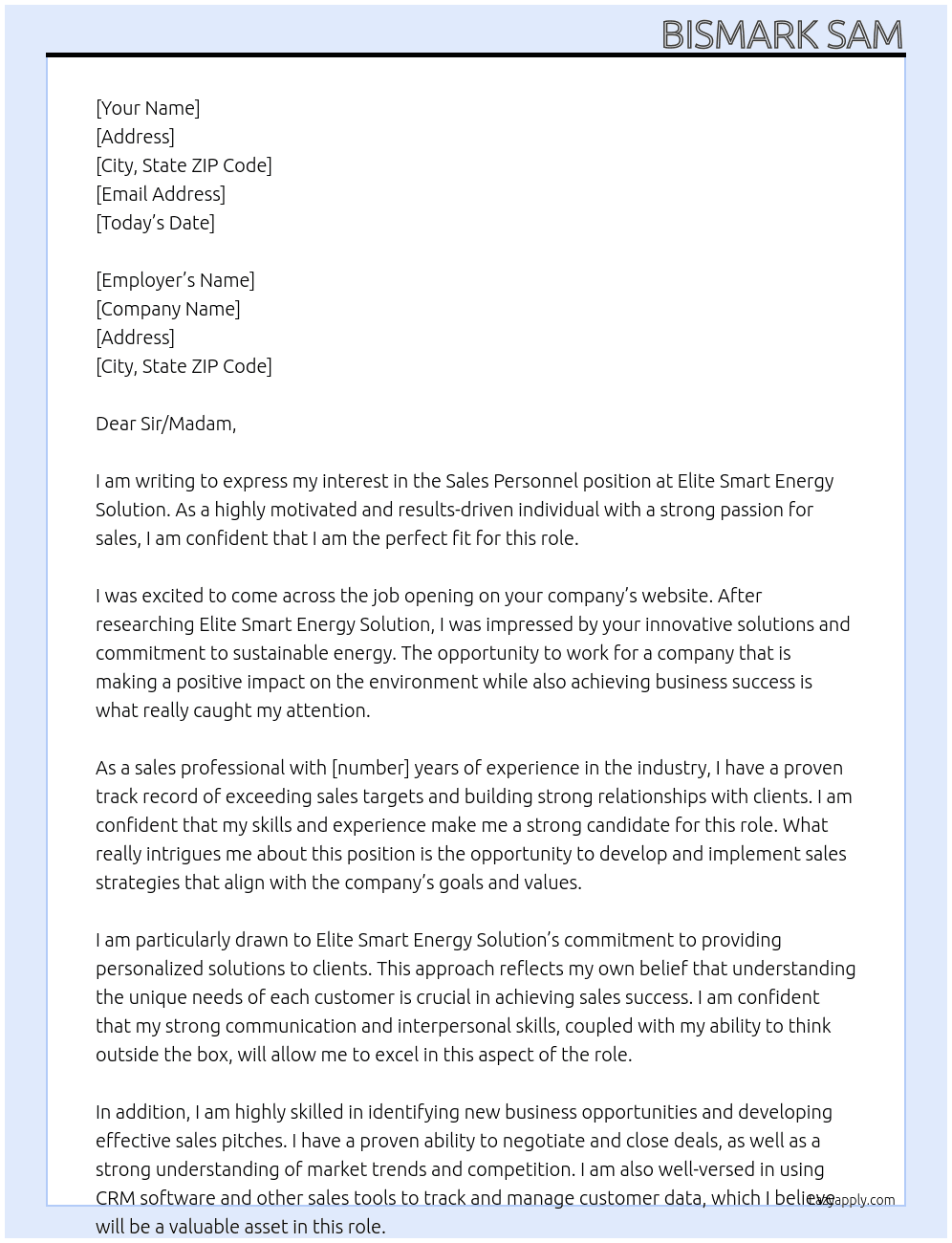 Sales personnel  At Elite Smart Energy Solution  Cover Letter