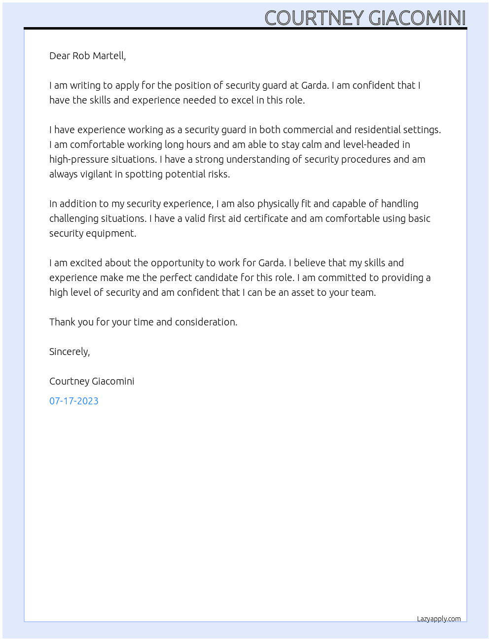 Security guard At Garda  Cover Letter