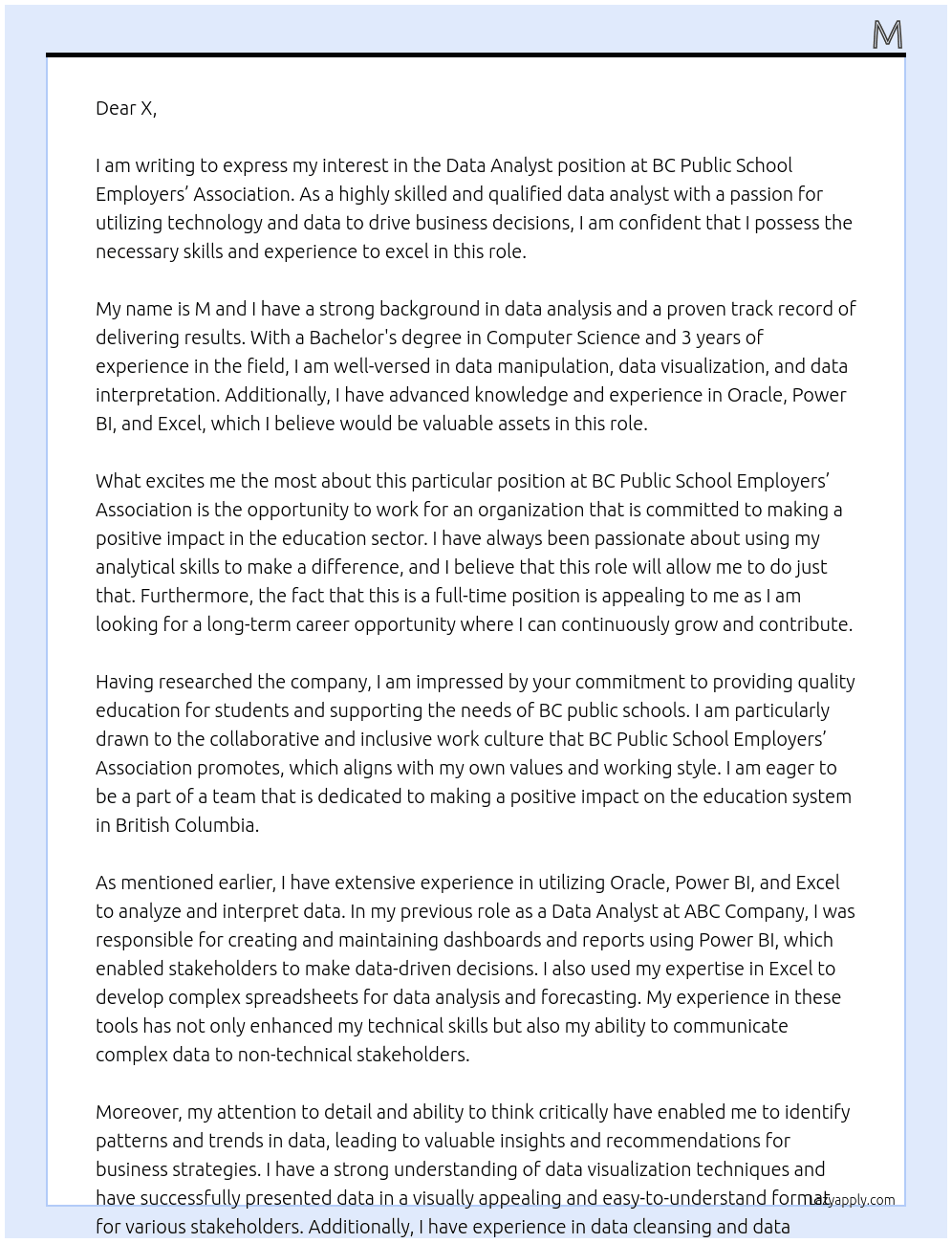 Data Analyst At BC Public School Employers’ Association Cover Letter