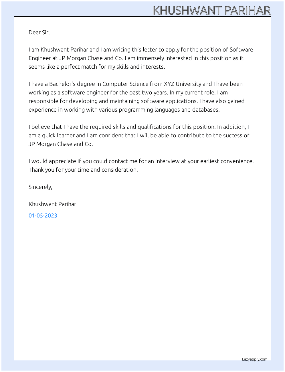 Software Engineer At JP Morgan Chase and Co. Cover Letter
