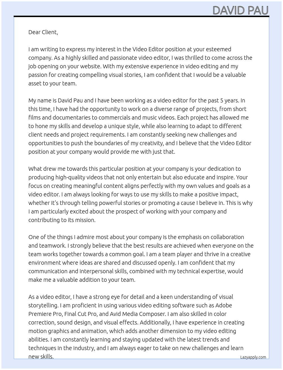 Video Editor At Client Cover Letter