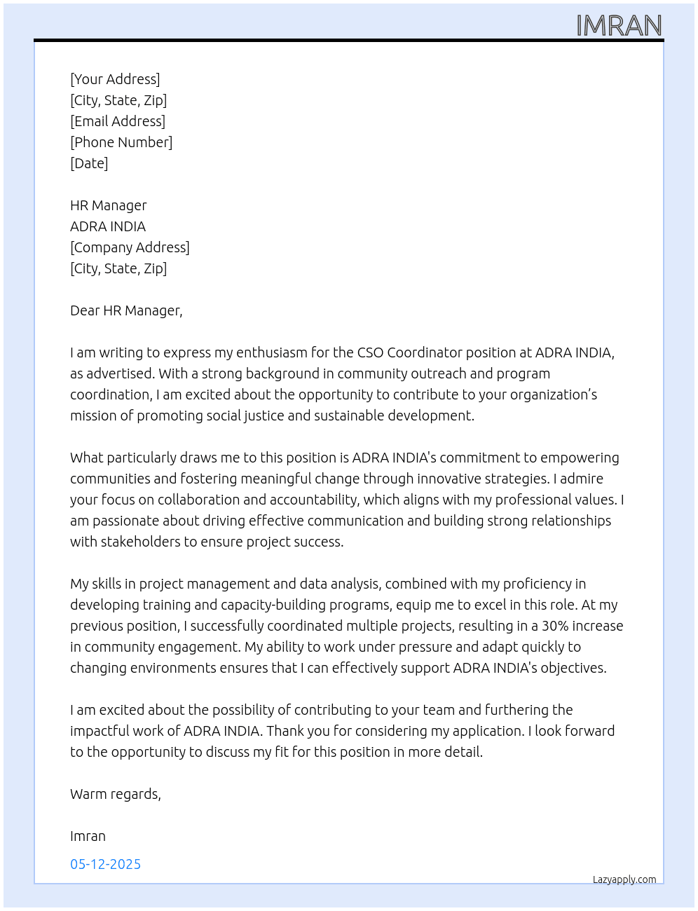 CSO Coordinator At ADRA INDIA Cover Letter