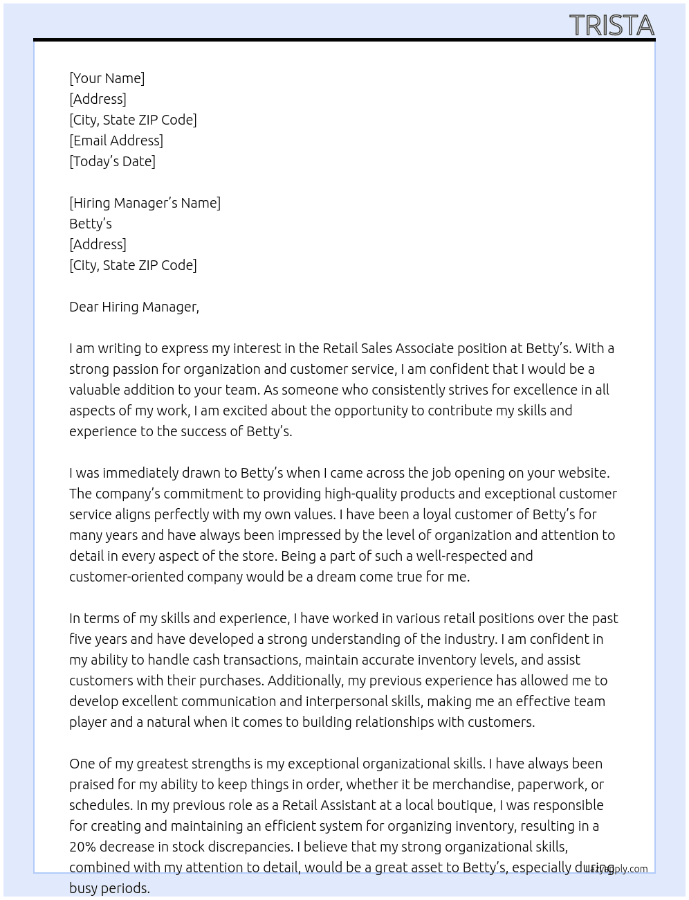 Retail Sales Associate At Betty's Cover Letter
