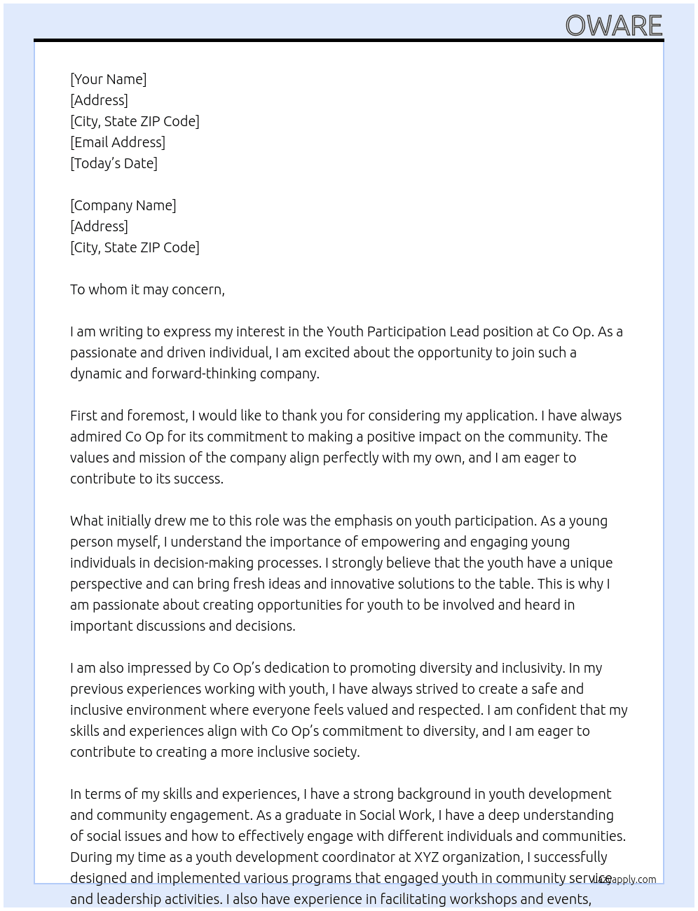 youth participation lead At co op Cover Letter