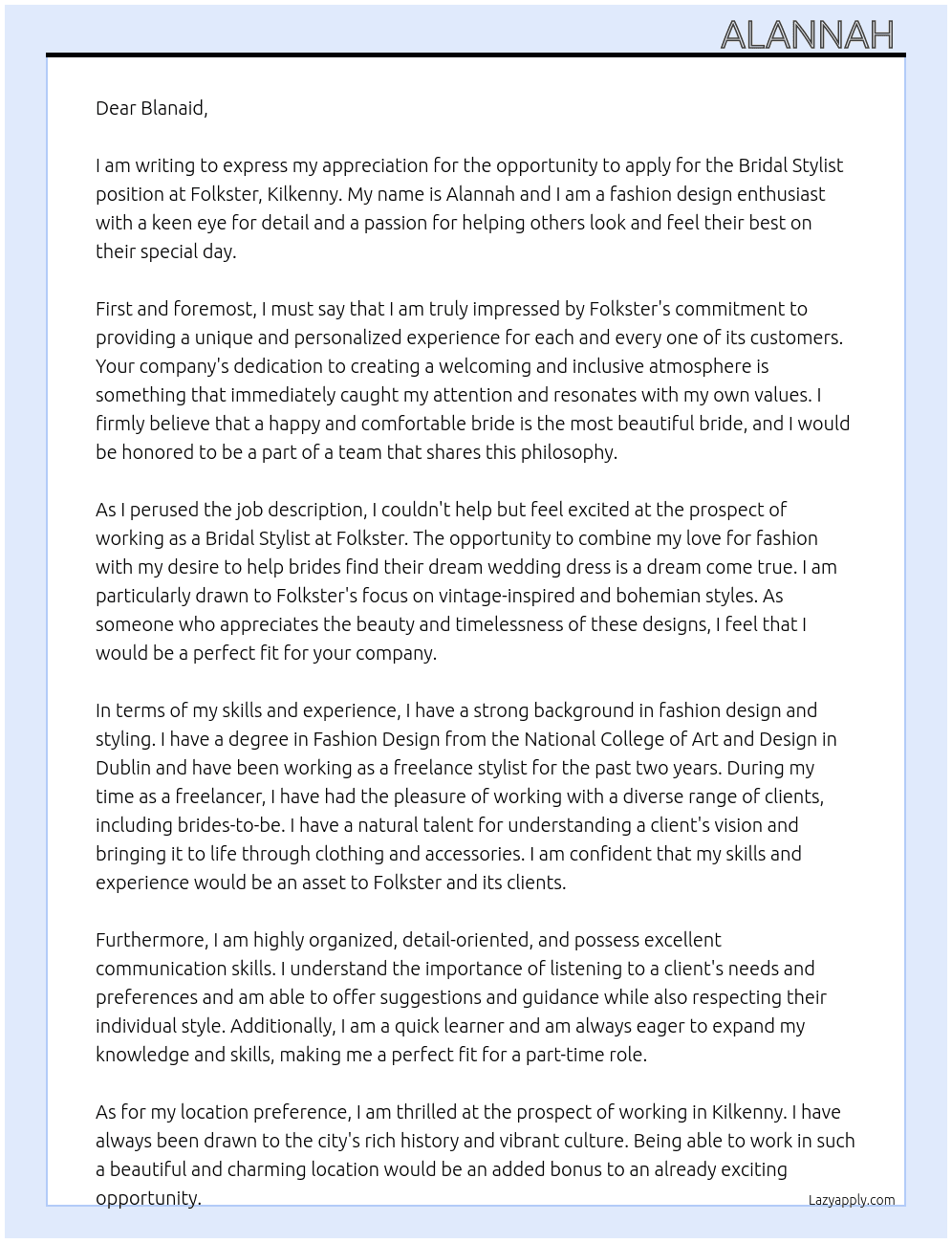 Cover letter for bridal stylist - LazyApply