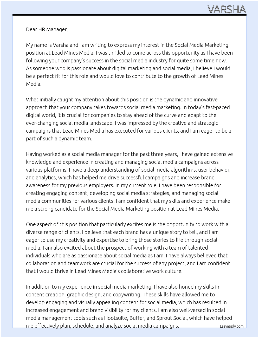 Social Media Marketing At Lead Mines Media Cover Letter