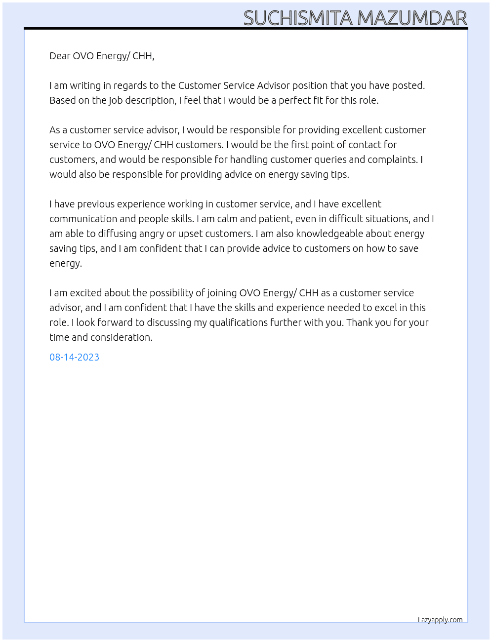 Customer service advisor  At Corgi home heat  Cover Letter