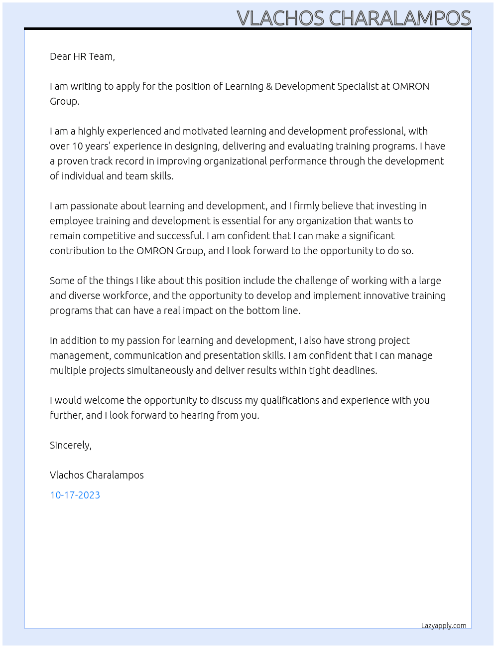 Learning & Development Specialist At OMRON Group Cover Letter
