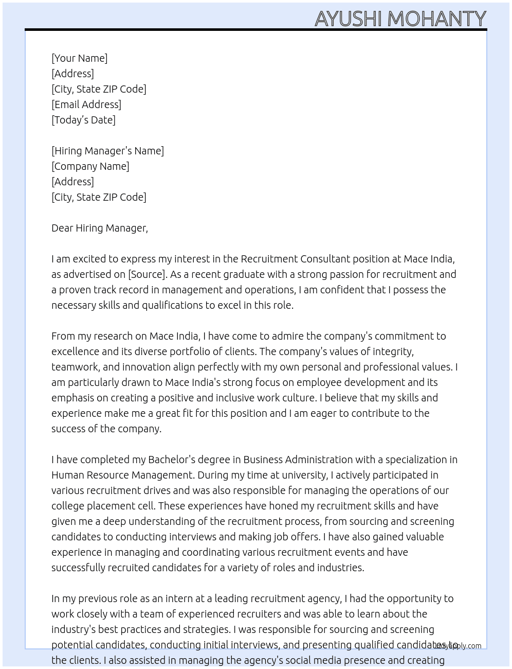 Recruitment Consultant At Mace India Cover Letter