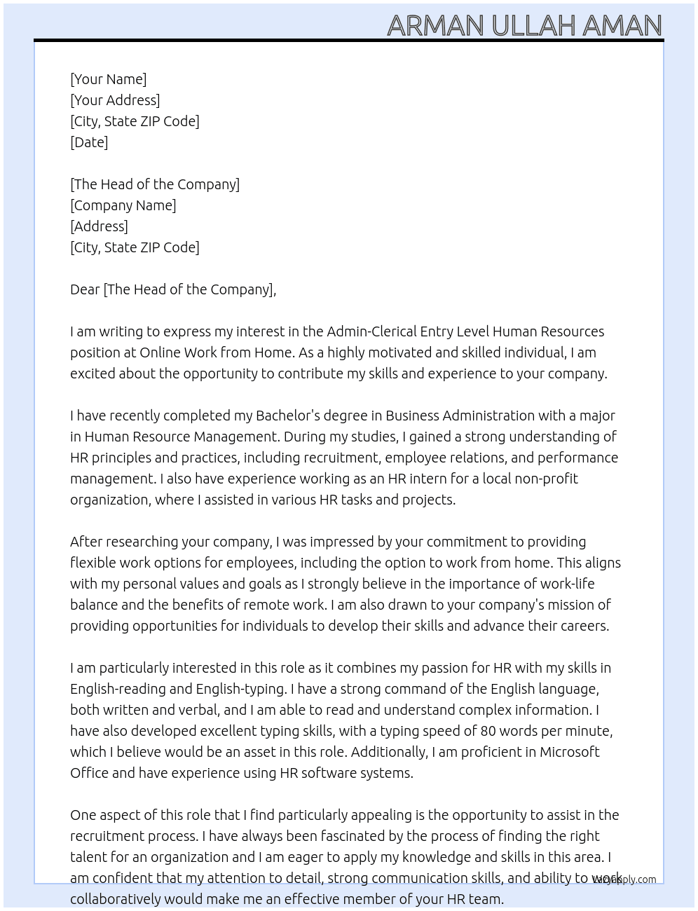 Admin-Clerical Entry Level Human Resources At Online Work from home  Cover Letter