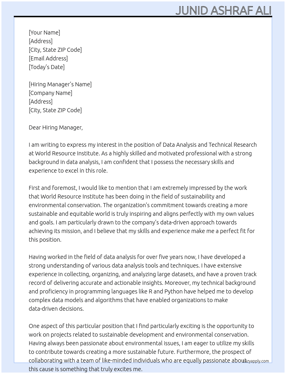 data analysis and technical research At World Resource Institute Cover Letter