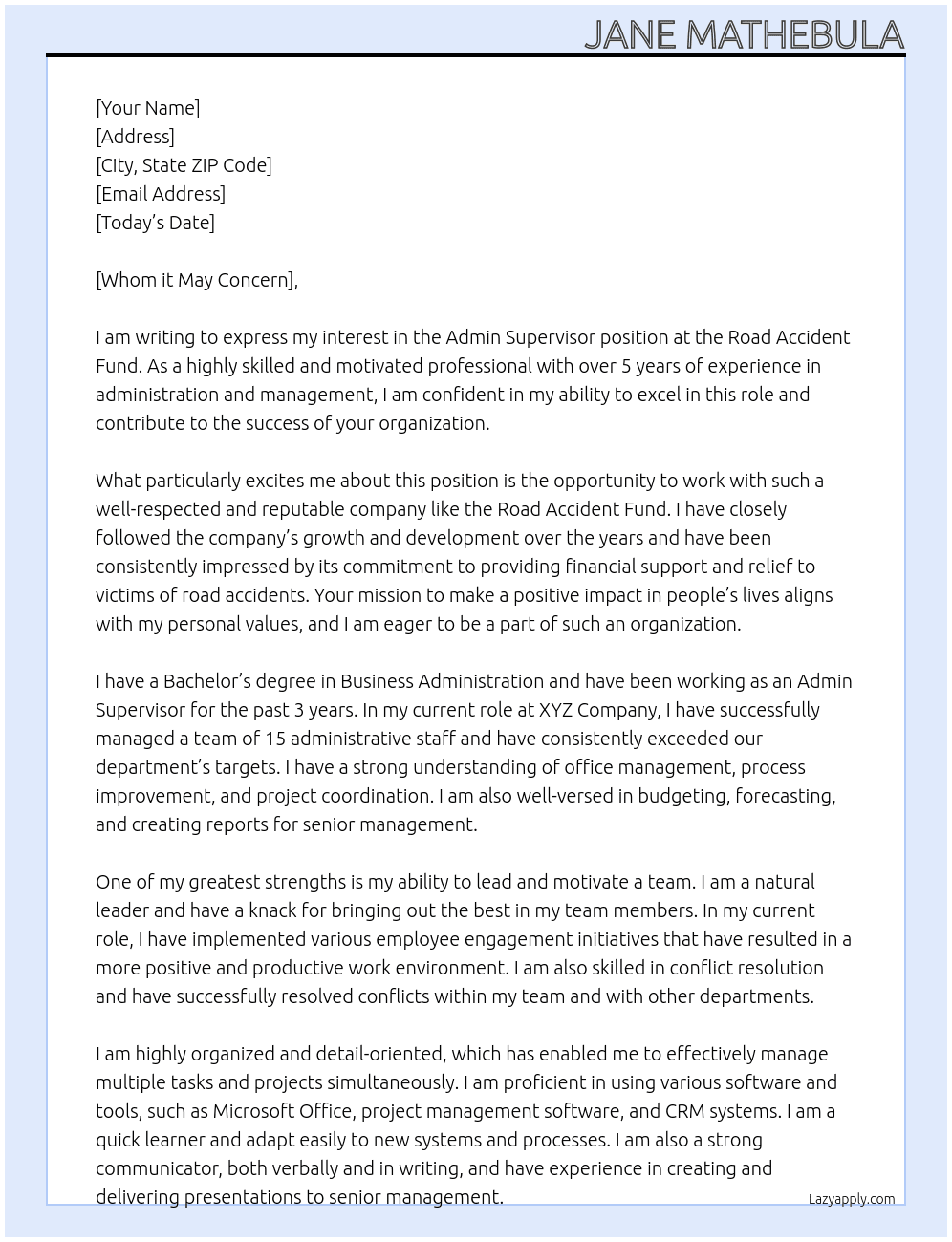 Cover letter for admin supervisor - LazyApply