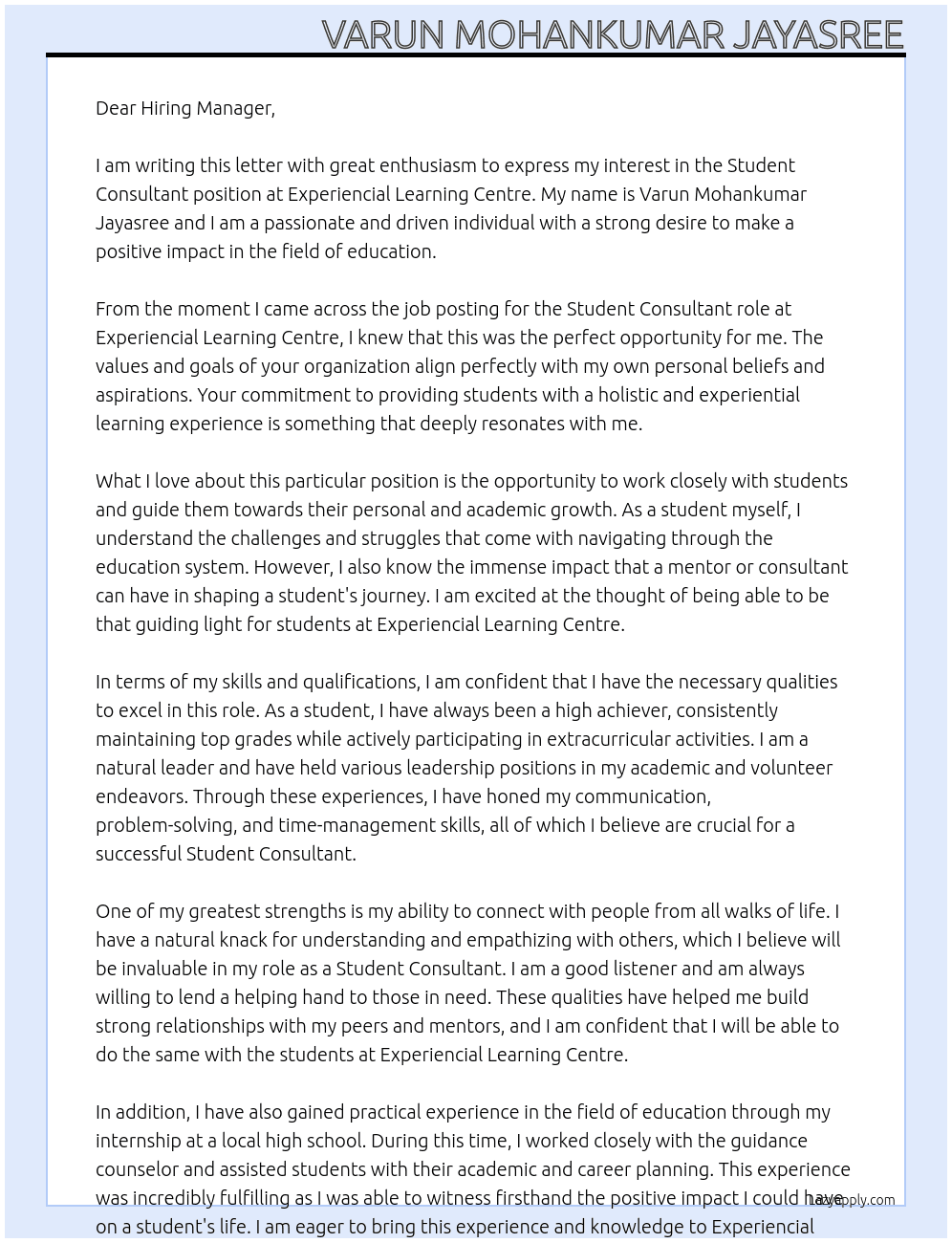 Student consultant At Experiencial Learning Centre Cover Letter