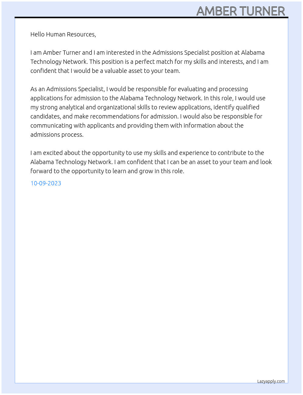 Admissions Specialist At Alabama Technology Network Cover Letter