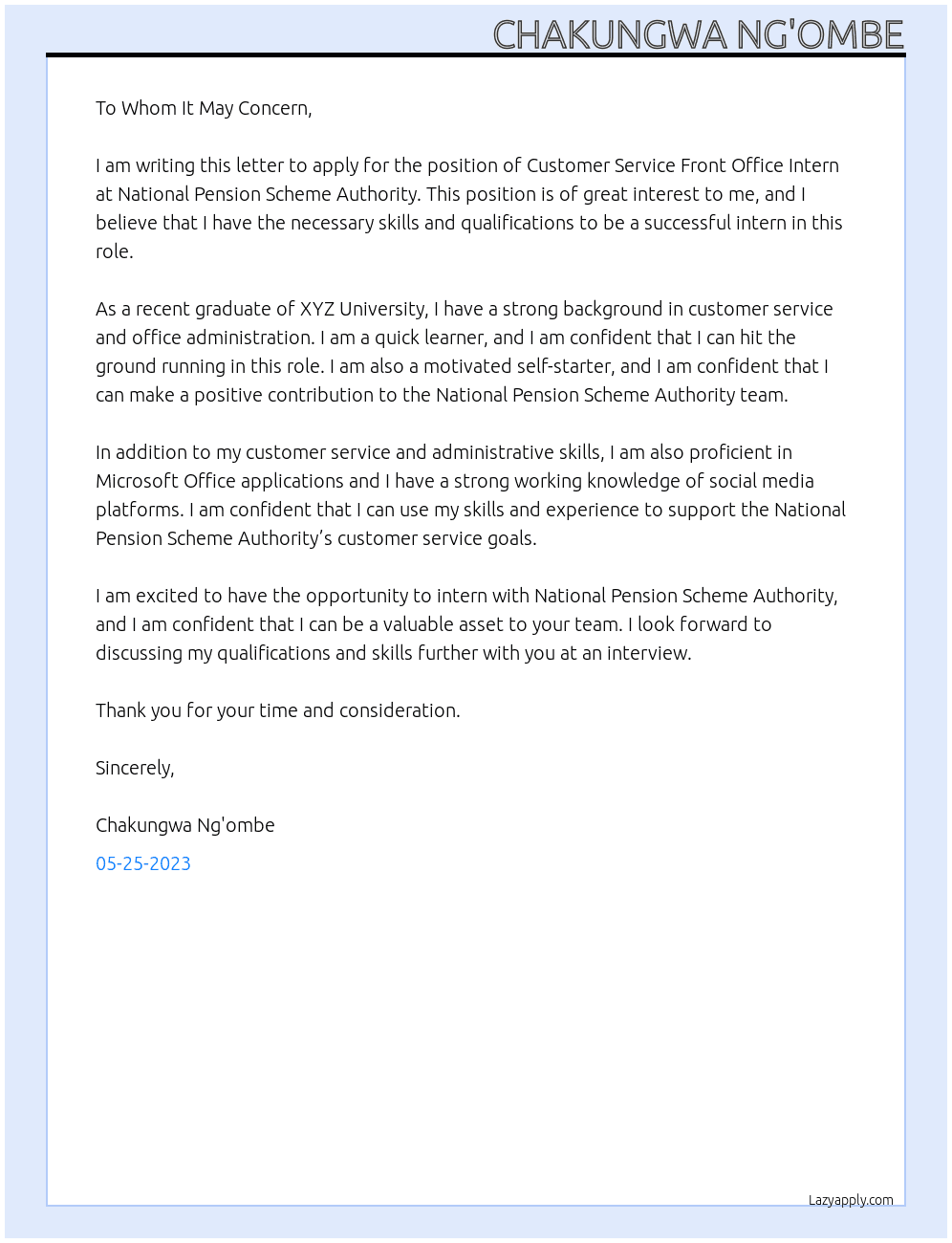 Customer service front office intern At National Pension Scheme Authority Cover Letter
