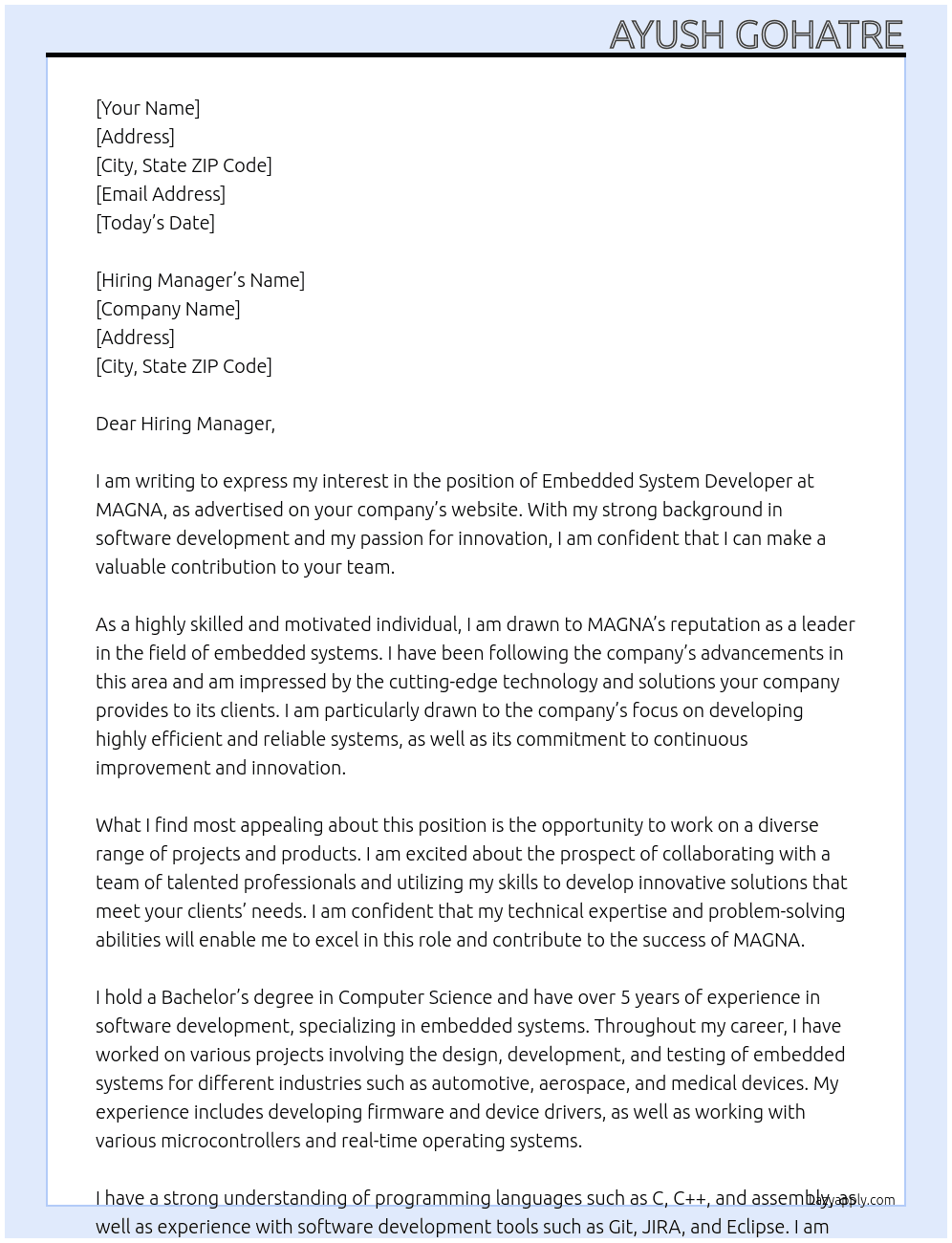 Embedded sytem devloper At MAGNA Cover Letter