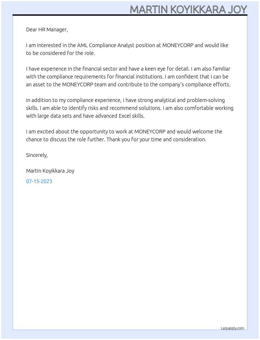 AML Compliance Analyst At MONEYCORP Cover Letter