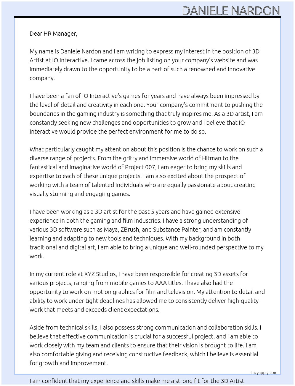 3d artist At IO Interactive Cover Letter