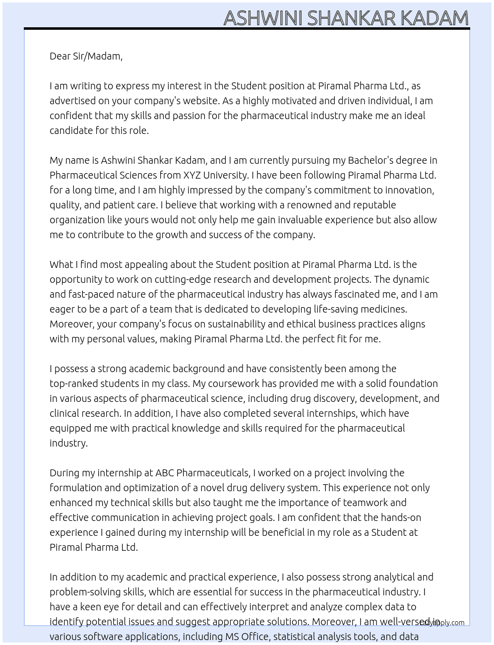 student At Piramal Pharma Ltd. Cover Letter