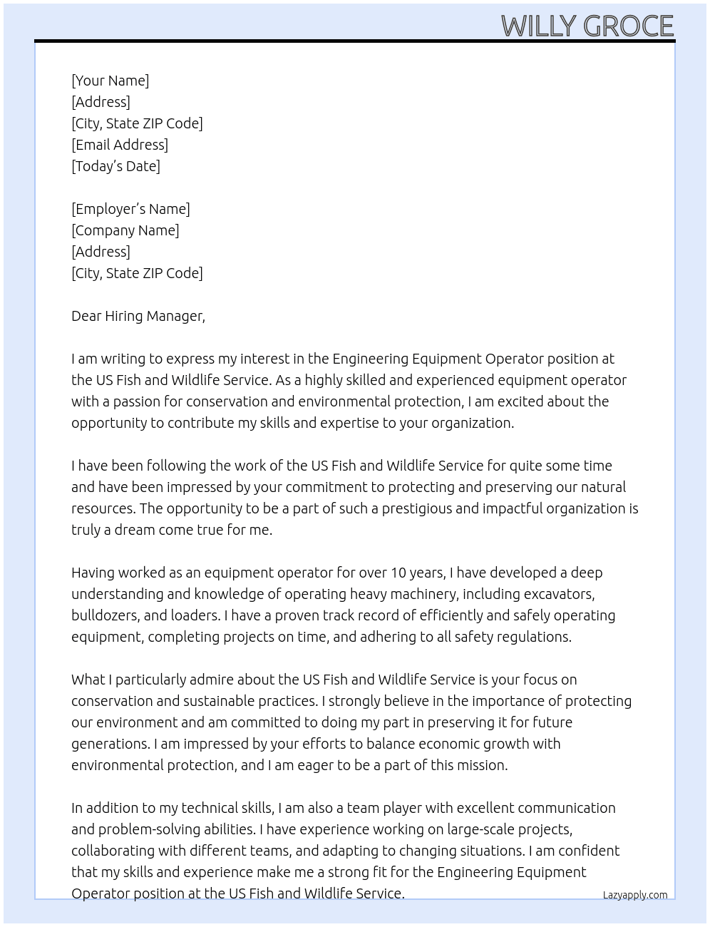 Engineering equipment operator At US Fish and Wildlife Service Cover Letter
