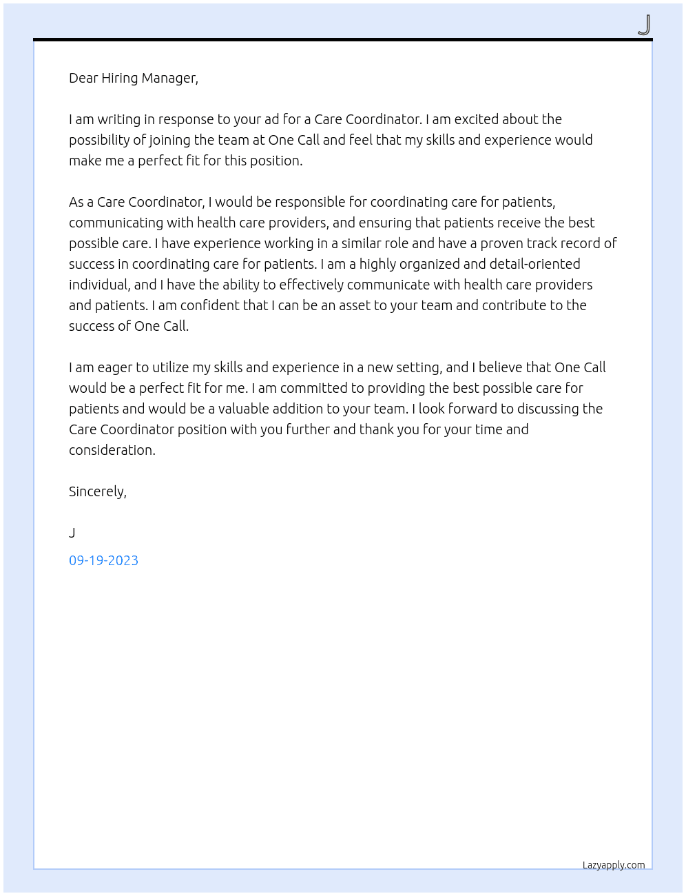 Care Coordinator  At One Call Cover Letter