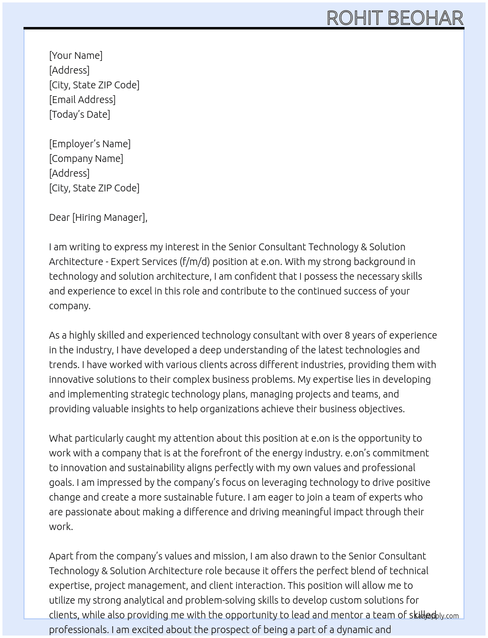 Senior Consultant Technology & Solution Architecture - Expert Services (f/m/d) At e.on Cover Letter