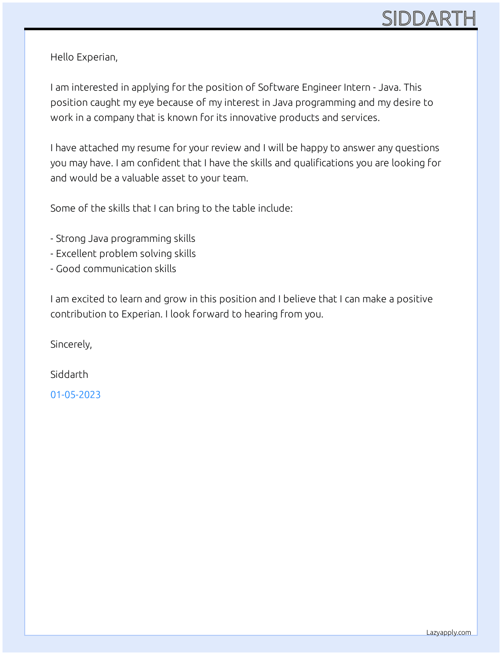Software Engineer Intern - Java At Experian  Cover Letter