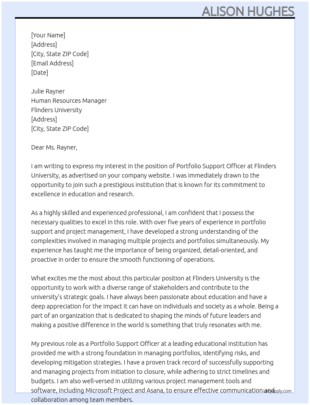 Portfolio Support Officer At Flinders University Cover Letter