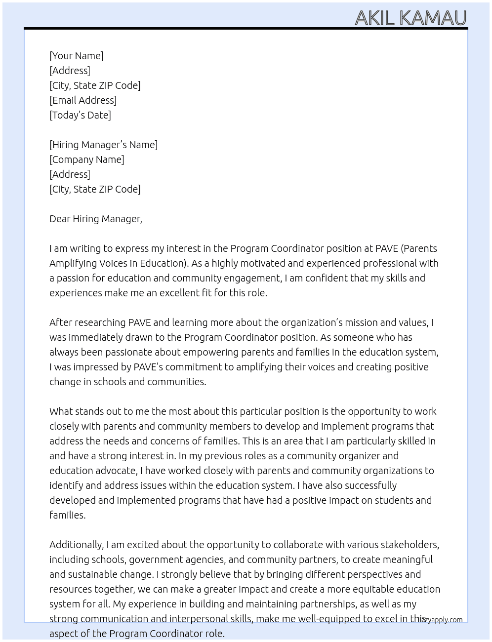 Program Coordinator At PAVE (Parents Amplifying Voices in Education) Cover Letter