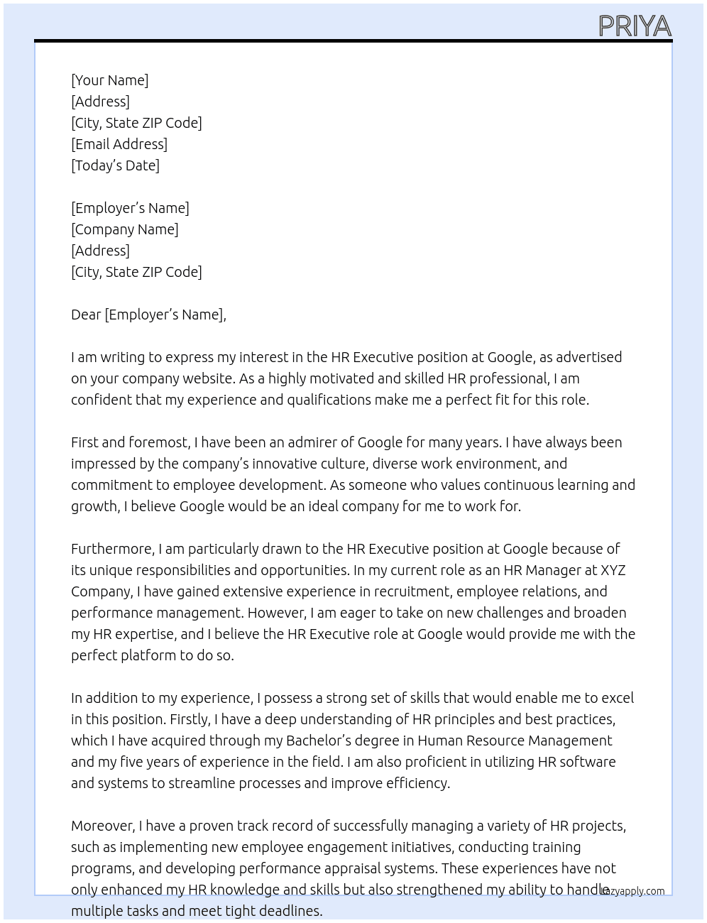 HR Executive  At Google Cover Letter