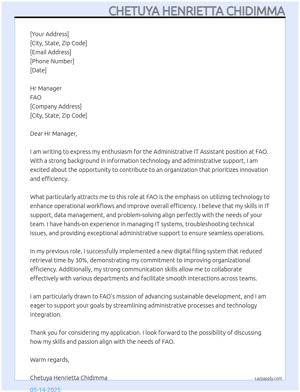 Administrative IT Assistant At FAO Cover Letter