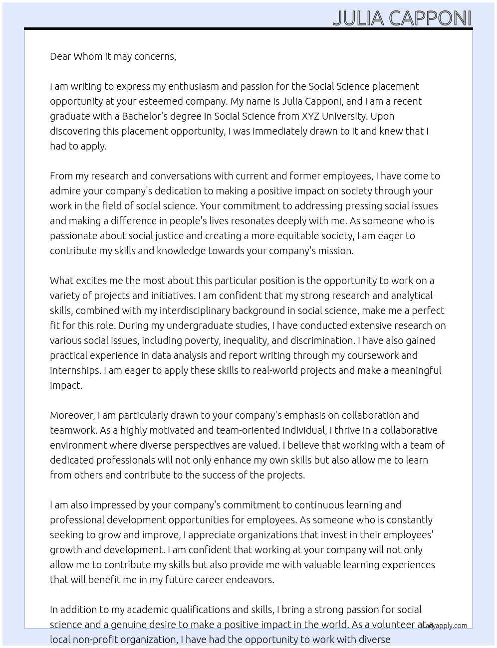 Social Science placement  At Placement opportunity  Cover Letter